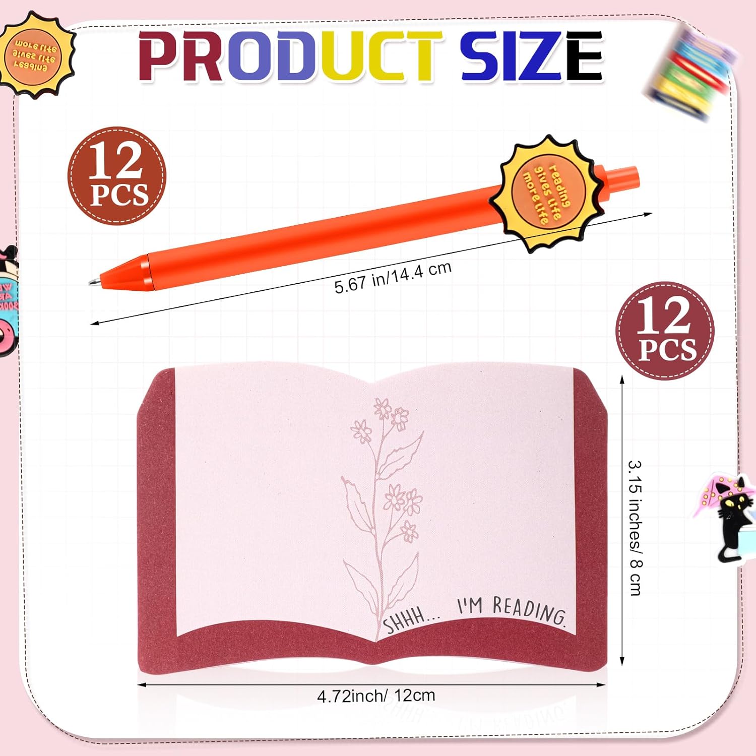12 Set Book Lover Gifts Book Club Sticky Note Bookish Ballpoint Pens Reading Gifts Ideas for Reader Librarians Literary Lover Bookworms Christmas Appreciation Birthday Party Accessories