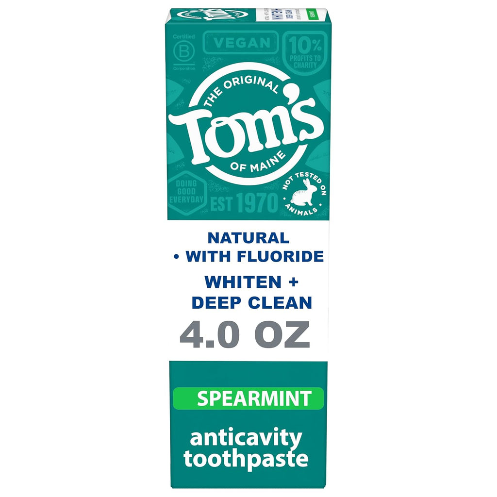 Tom's of Maine Whiten Plus Deep Clean Whitening Toothpaste, Natural Whitening Toothpaste with Plant-Based Cleansers, Enamel Safe Formula, Whitens Without Causing Sensitivity, Spearmint, 4.0 Oz
