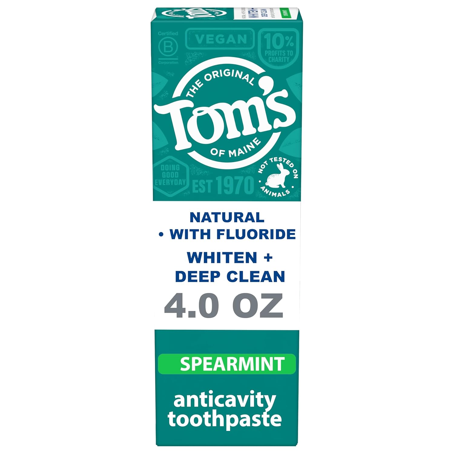 Tom's of Maine Whiten Plus Deep Clean Whitening Toothpaste, Natural Whitening Toothpaste with Plant-Based Cleansers, Enamel Safe Formula, Whitens Without Causing Sensitivity, Spearmint, 4.0 Oz