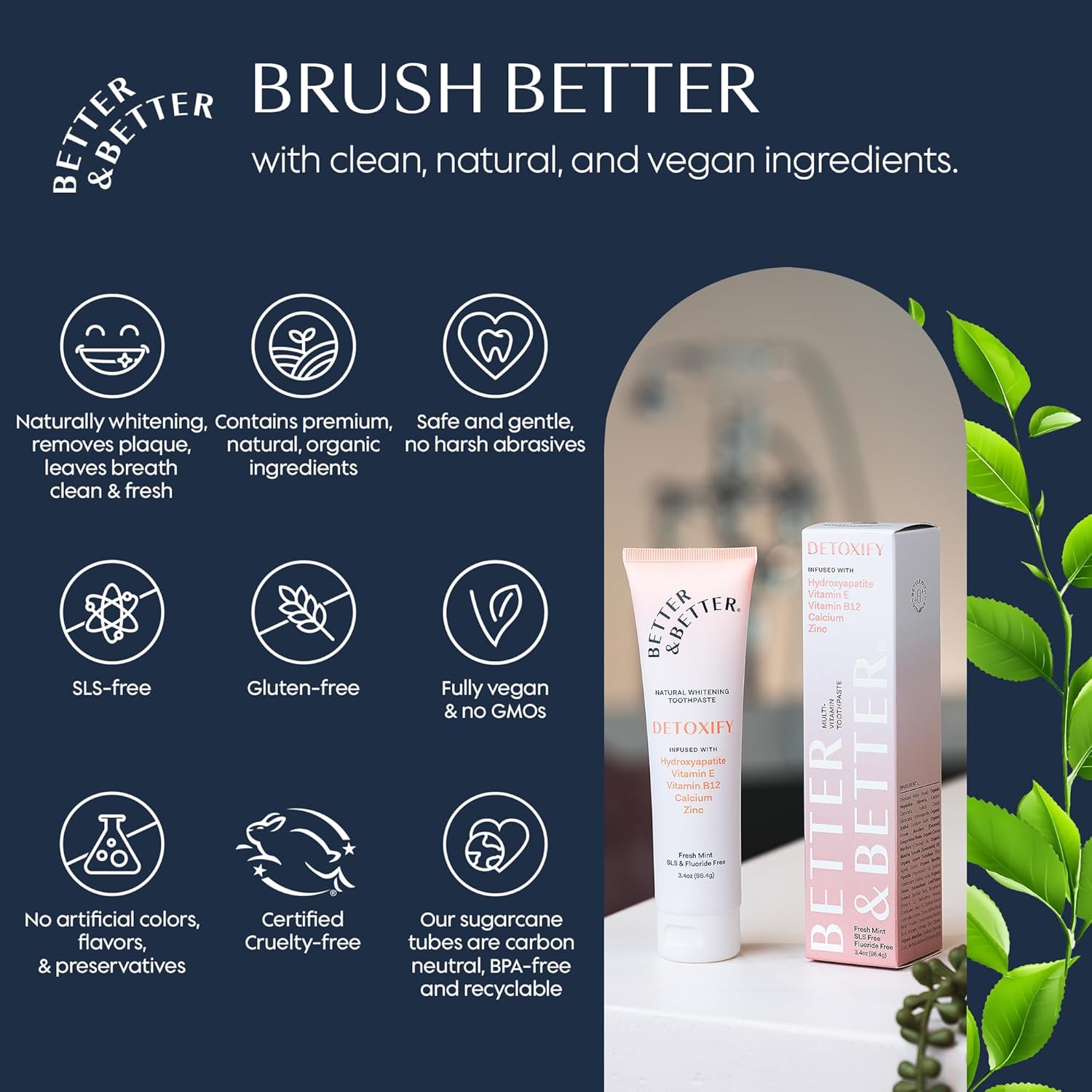 Better & Better Detoxify Hydroxyapatite Toothpaste | Whitening Toothpaste Infused w/Vitamins E & B12, Calcium & Zinc | Fluoride & SLS Free for Sensitive Brushers | Fresh Mint Flavor | 3.4oz, 3 Pack