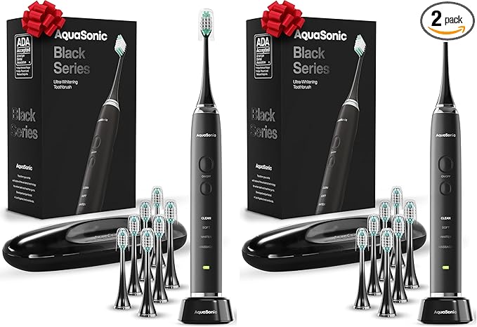 Aquasonic Black Series Ultra Whitening Toothbrush – ADA Accepted Electric Toothbrush- 8 Brush Heads & Travel Case – 40,000 VPM Electric Motor & Wireless Charging - 4 Modes w Smart Timer (Pack of 2)