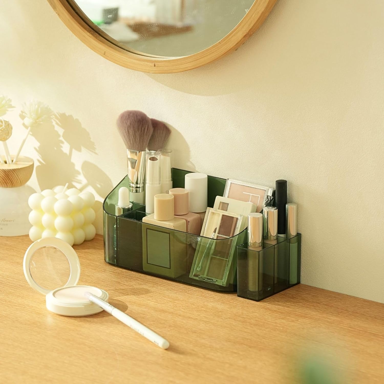 SUNFICON Makeup Tray Holder Organizer Cosmetic Display Case Tabletop Desktop Vanity Countertop Bathroom Wall Cabinet Medicine Storage Box 9 Dividers 2 Removable for Womens Ladies Girls Crystal Green