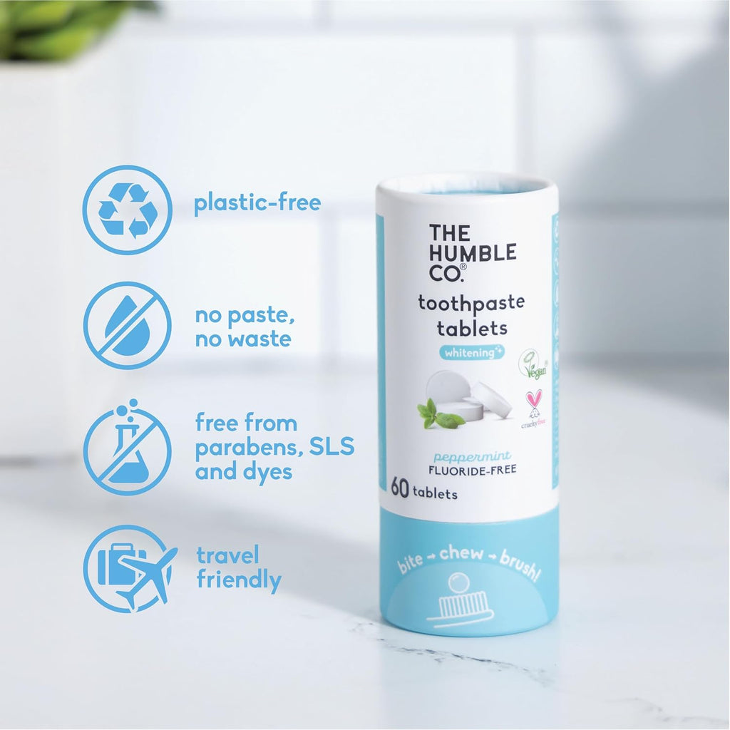 The Humble Co. Whitening Toothpaste Tablets – Fluoride Free Toothpaste Whitening Tablets, Dentist Developed Formula, Vegan, SLS Free, Plastic Free (Peppermint, 3 PK)