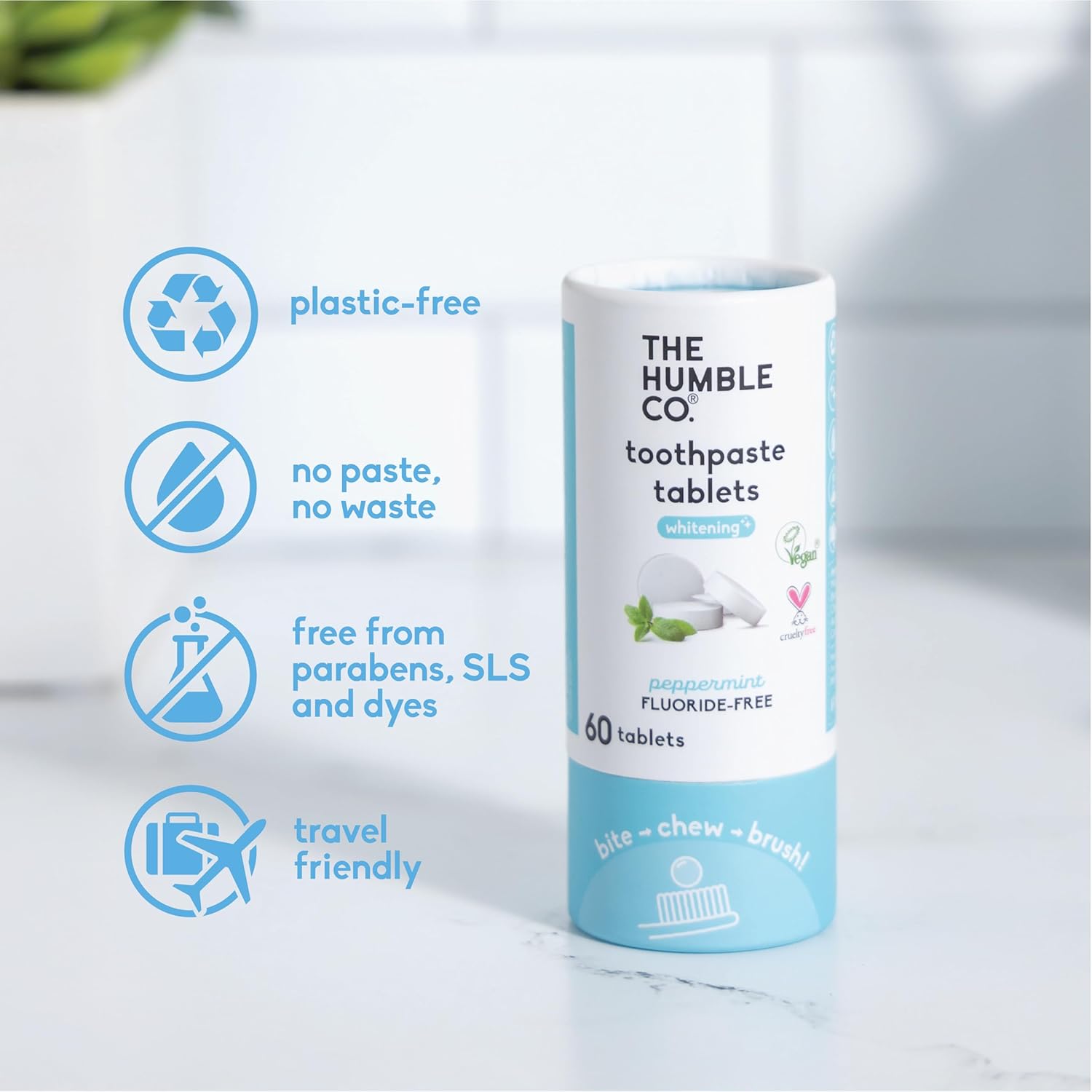 The Humble Co. Whitening Toothpaste Tablets – Fluoride Free Toothpaste Whitening Tablets, Dentist Developed Formula, Vegan, SLS Free, Plastic Free (Peppermint, 3 PK)