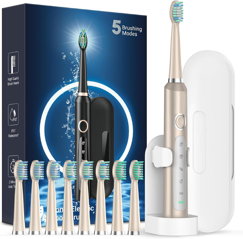 Rtauys M5 Sonic Electric Toothbrush for Adults - Rechargeable Electric Toothbrushes with 8 Brush Heads & Holder, Travel Case, Power Electric Toothbrush，120 Days Battery Life - Champagne