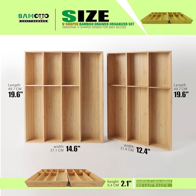 V-Shaped Extra Large Bamboo Drawer Organizer Set of 2, Kitchen Cutlery Tray Utensil Plate, Flatware&Silverware Storage Box, Wood Organizer for Bedroom, Living Room (19.6"x14.6" & 19.6"x12.4")