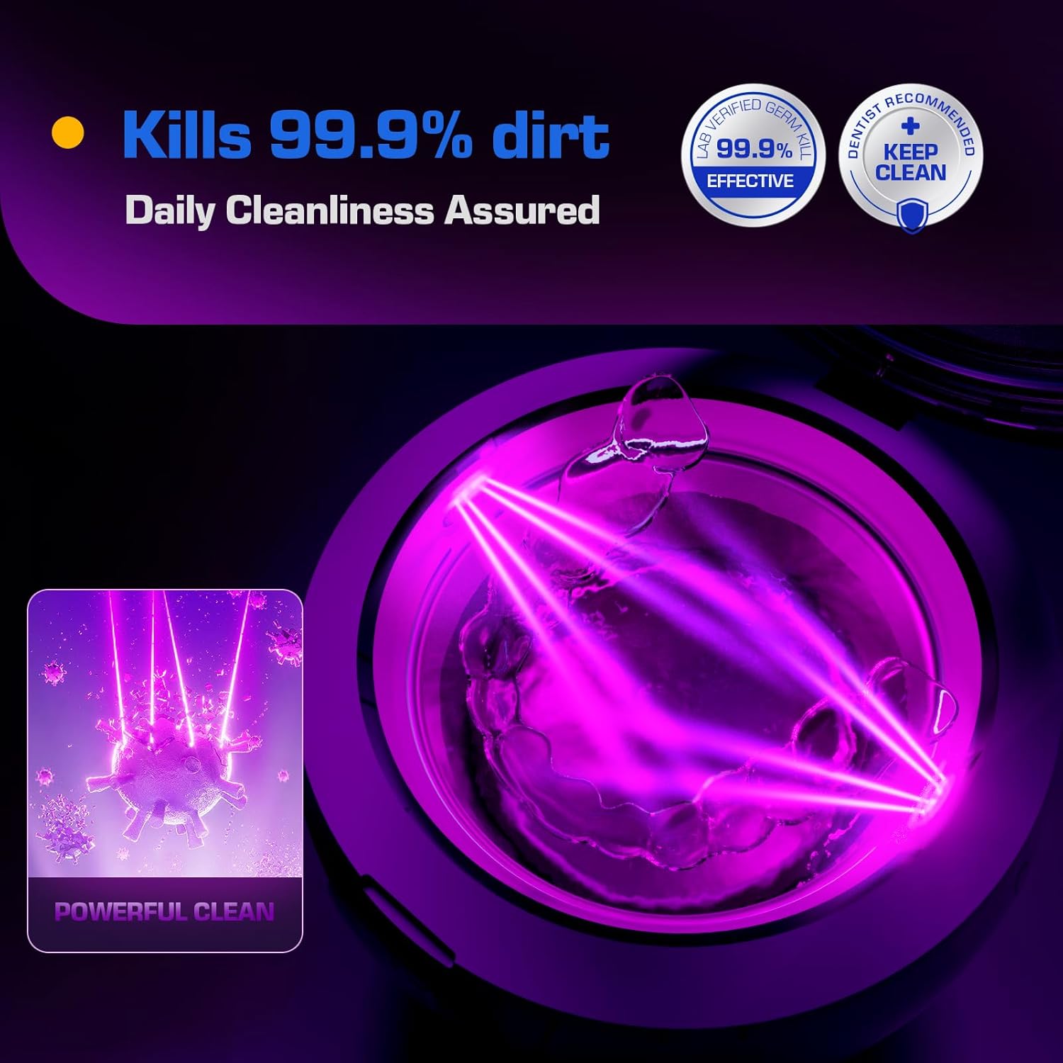 Kingwell 45KHz Ultrasonic Retainer Cleaner Machine, 230ML Denture Cleaner for Retainer, Mouth Guard, Aligner, Toothbrush Head, Dental Cleaning Pod with Digital Timer, FSA HSA Approved (White)