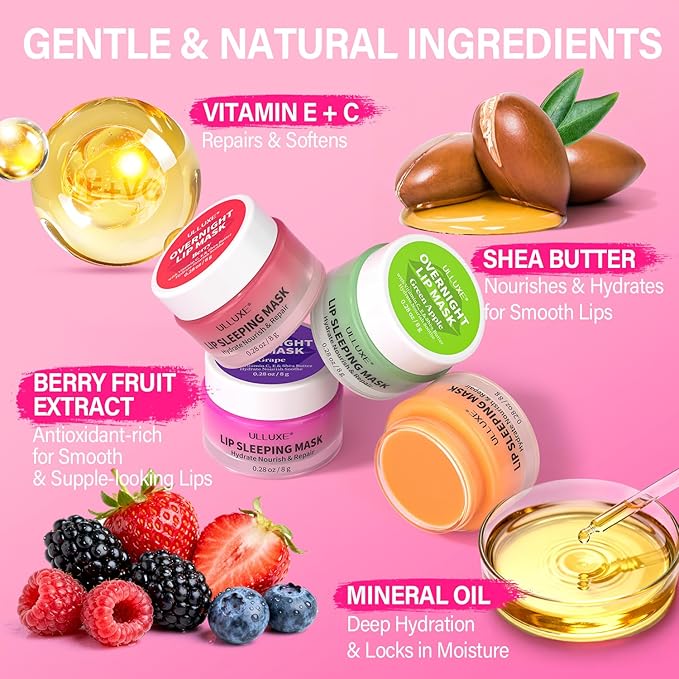 Lip Mask Set, Overnight Lip Sleeping Mask with Shea Butter & Vitamin C for Nourishing Hydration, Moisturizing Lip Balm Treatment for Dry, Flaky Lips, Lip Care Holiday Gift for Women & Teen Girls