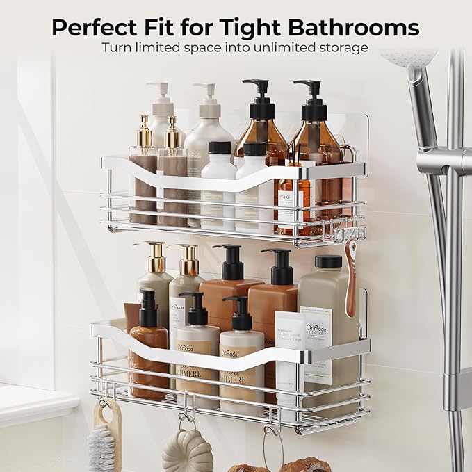Orimade Shower Caddy Basket Shelf with 5 Hooks Adhesive Organizer Storage Rack Rustproof Wall Mounted Stainless Steel No Drilling for Bathroom, Toilet, Kitchen - 2 Pack