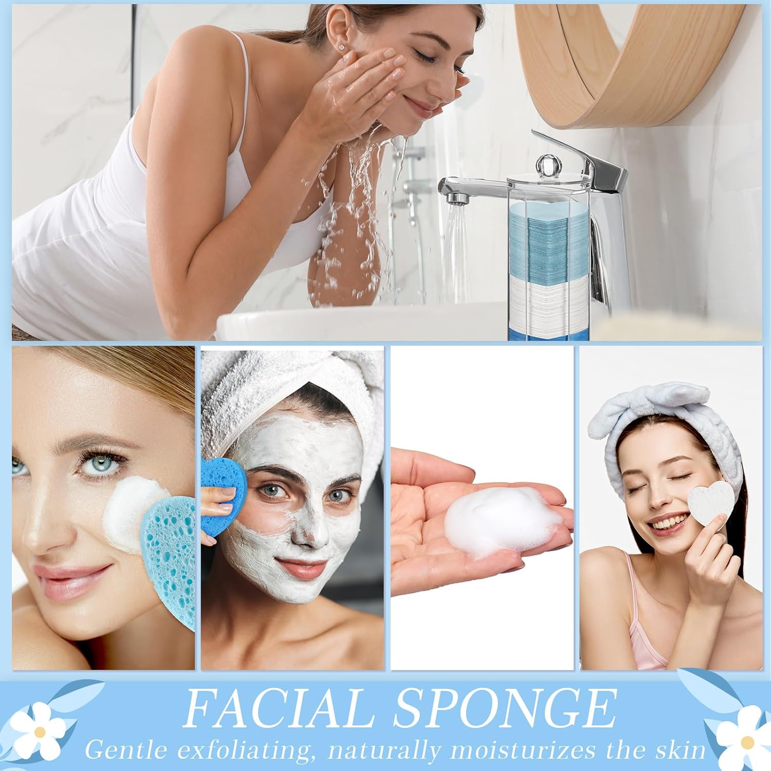 Sieral 120 Pcs Compressed Facial Sponges with Container Disposable Face Sponge Pads for Washing Face Cleansing Exfoliating Esthetician Makeup Removal(Heart,Blue, Light Blue, White)