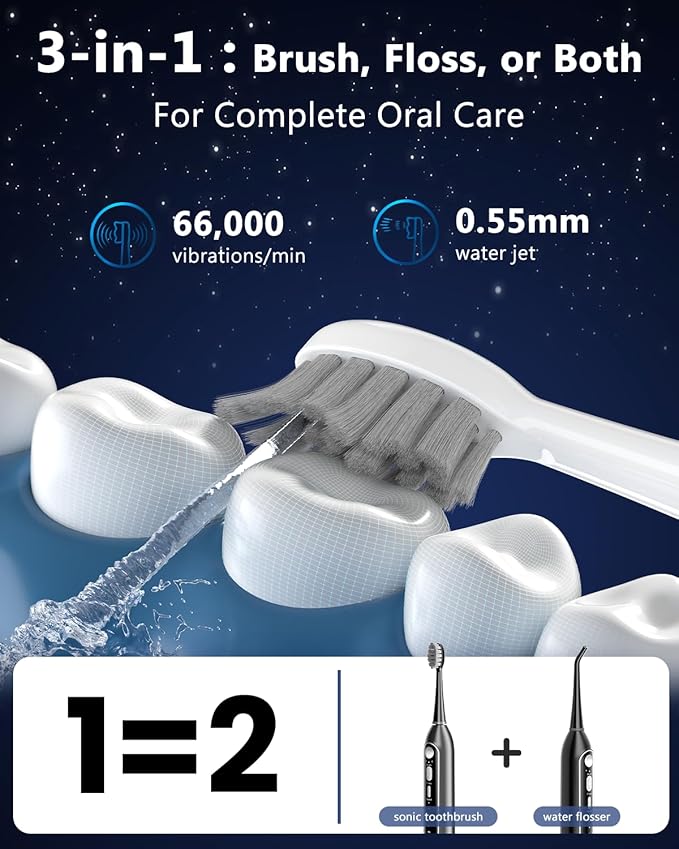 Electric Toothbrush with Water Flosser 3-in-1 Combo, Oscillating & Vibrating Dual Action Flossing Toothbrush, Clean Plaque& Teeth, Portable, 5 Brush Heads, Sonic Electric Toothbrush for Adults