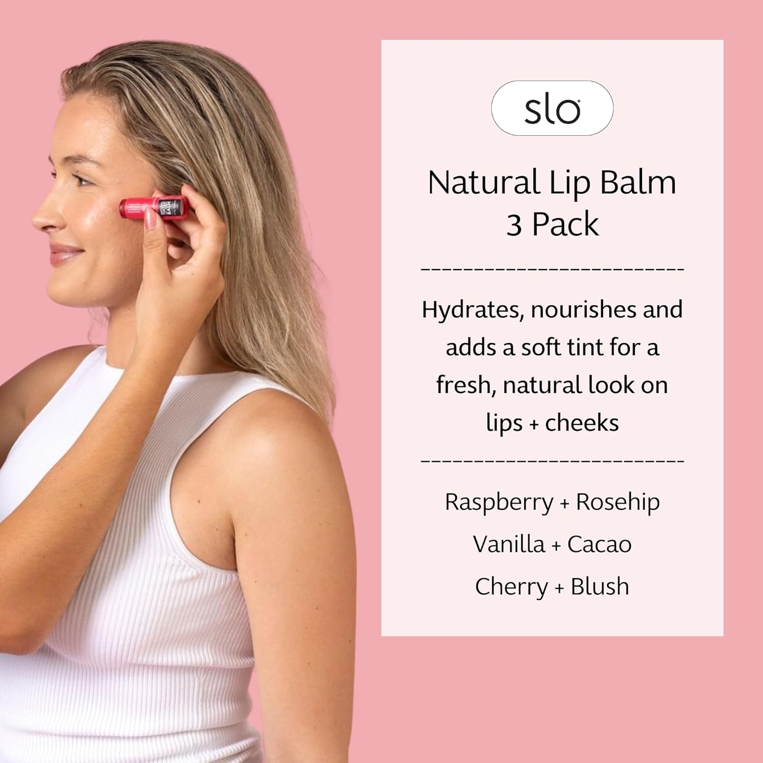 Slo | Natural Lip Balm - All Natural Ingredients, Vegan & Cruelty Free, Hydrating & Soothing, Plastic Free | Raspberry + Rosehip & Cherry + Blush & Vanilla + Cacao | 3 Pack (3 x 0.28oz/8g)