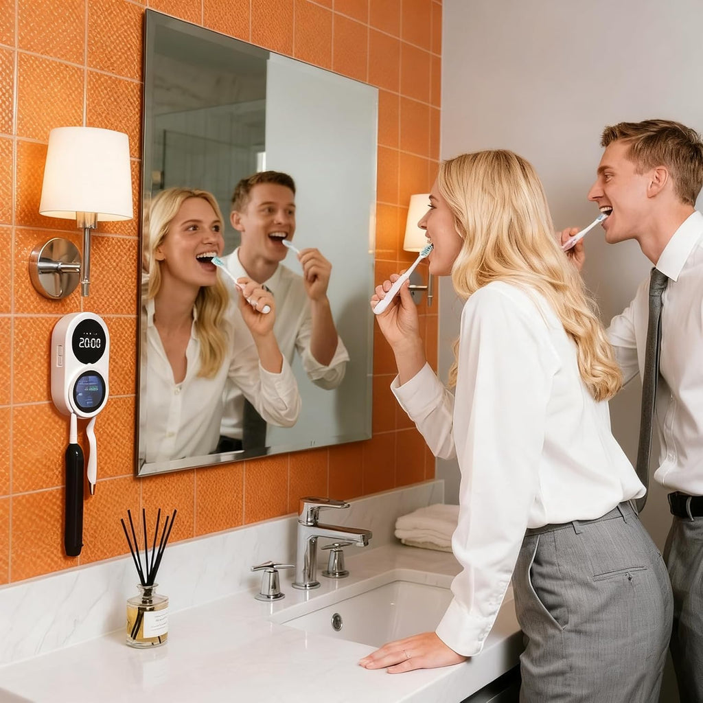 iHave Toothbrush Sanitizer Holder, UV Toothbrush Holders with 100M Negative Ions for 360° Disinfection, Mold Control & Odor Neutralization, Heated & Fan Drying 2-Slot Toothbrush Holder Wall Mounted