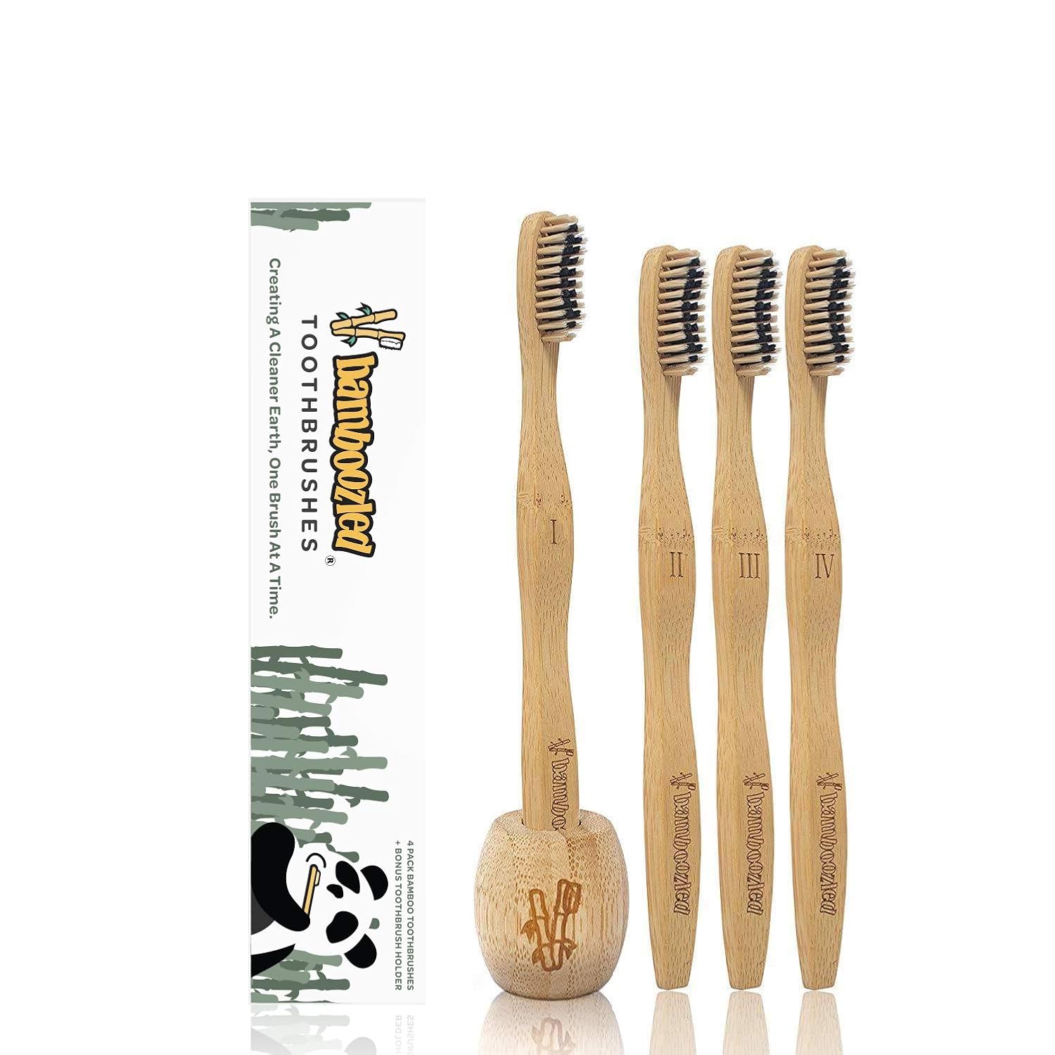 Bamboozled | Bamboo Toothbrush | BPA Free | Charcoal Infused Soft Bristles | Environmentally Friendly & Biodegradable | Set of 4 | with Bamboo Toothbrush Holder