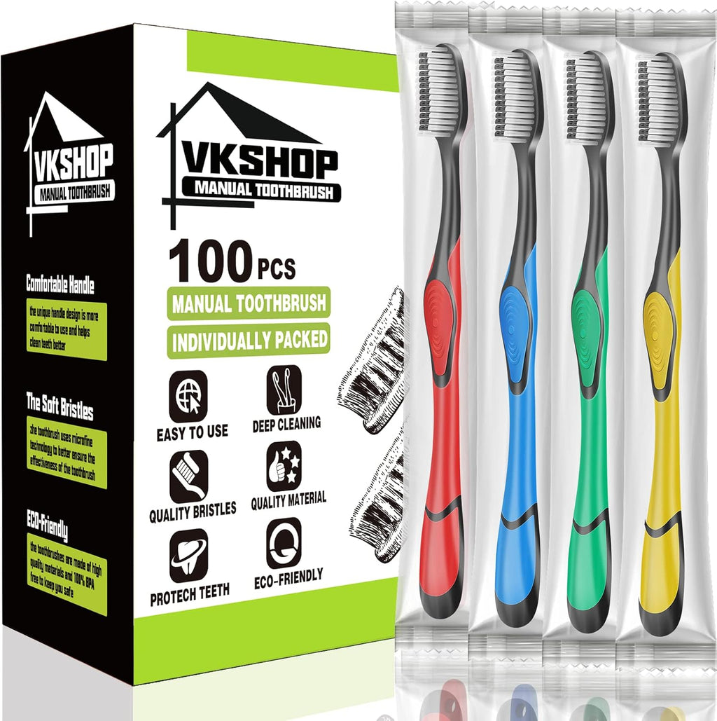100 Bulk Charcoal Toothbrushes, Individually Wrapped Travel Toothbrush Set for Adults Kids, Disposable Manual Toothbrushes Set (4 Colors)