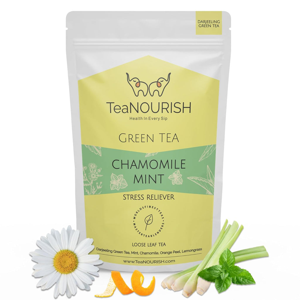 TeaNOURISH Chamomile Mint Green Tea | Darjeeling Loose Leaf Tea | 50 Cups Hot or Iced Tea - 3.53oz/100g