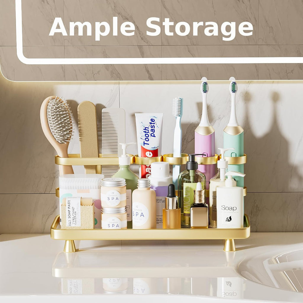 Electric Toothbrush Holder for Bathroom Countertop 5 Metal Slots Toothpaste Razor Mouthwash Organizer, Gold