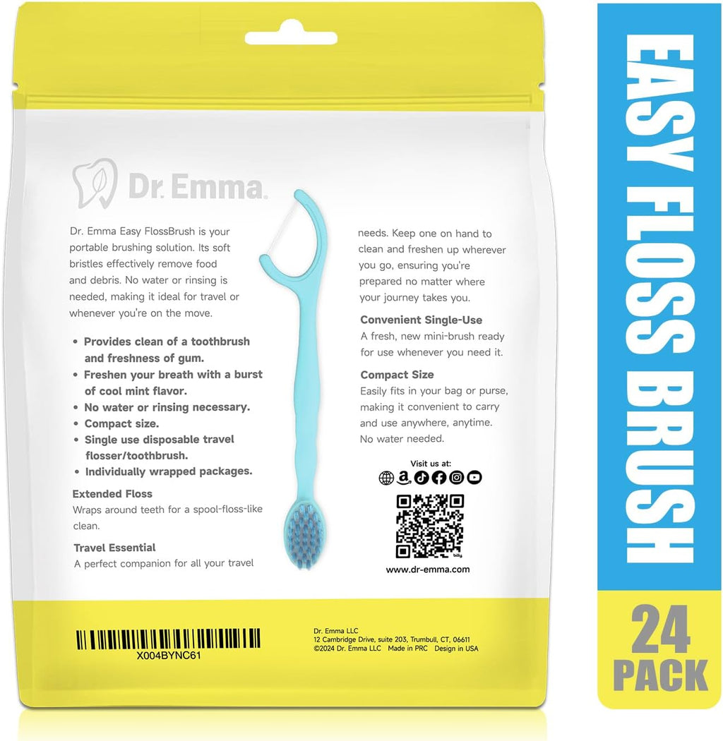 Dr. Emma Mini Brush Disposable Toothbrushes with Floss, Travel Mint Toothbrush for On-The-Go Use, 24 Packs Individually Wrapped Small Portable Toothbrush, Blue