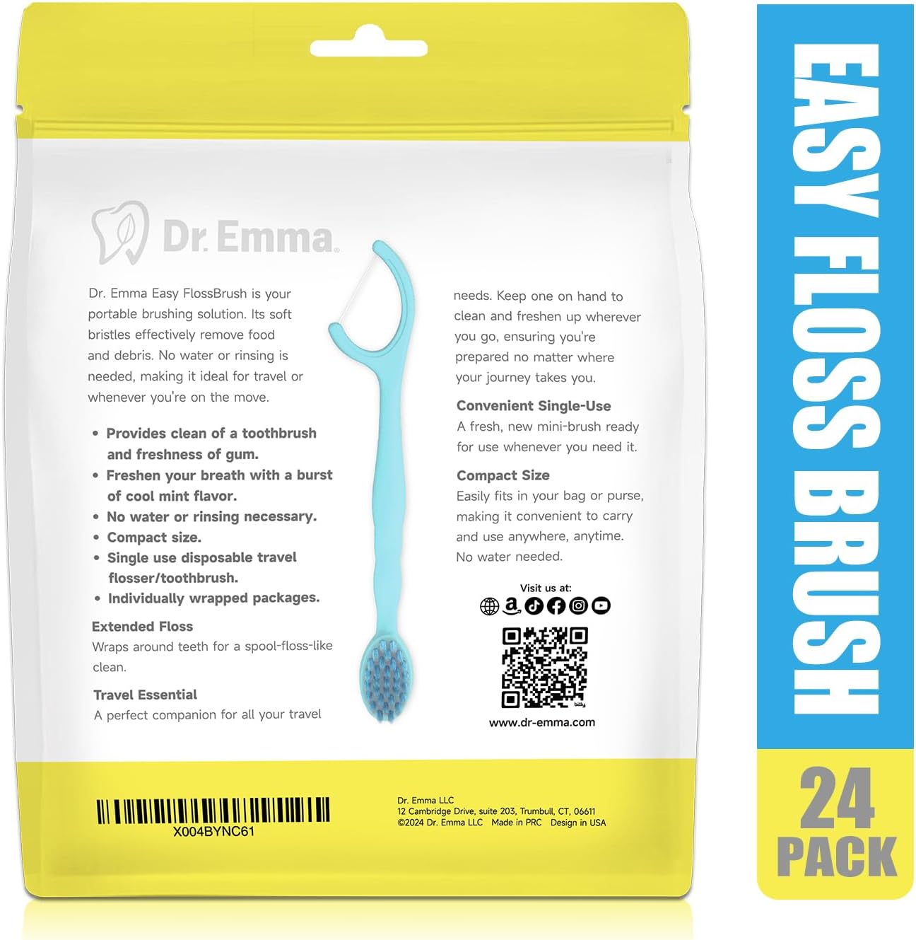 Dr. Emma Mini Brush Disposable Toothbrushes with Floss, Travel Mint Toothbrush for On-The-Go Use, 24 Packs Individually Wrapped Small Portable Toothbrush, Blue