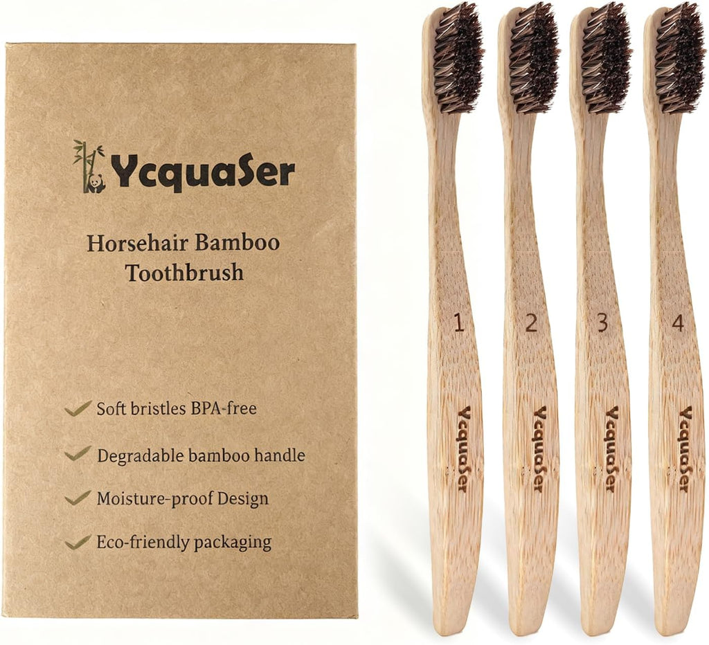 Bamboo Toothbrushes,Travel Toothbrush&Horse Bristle(4-Pack),Natural Soft Bristles for Adults,100% Biodegradable,Plastic & Nylon Free