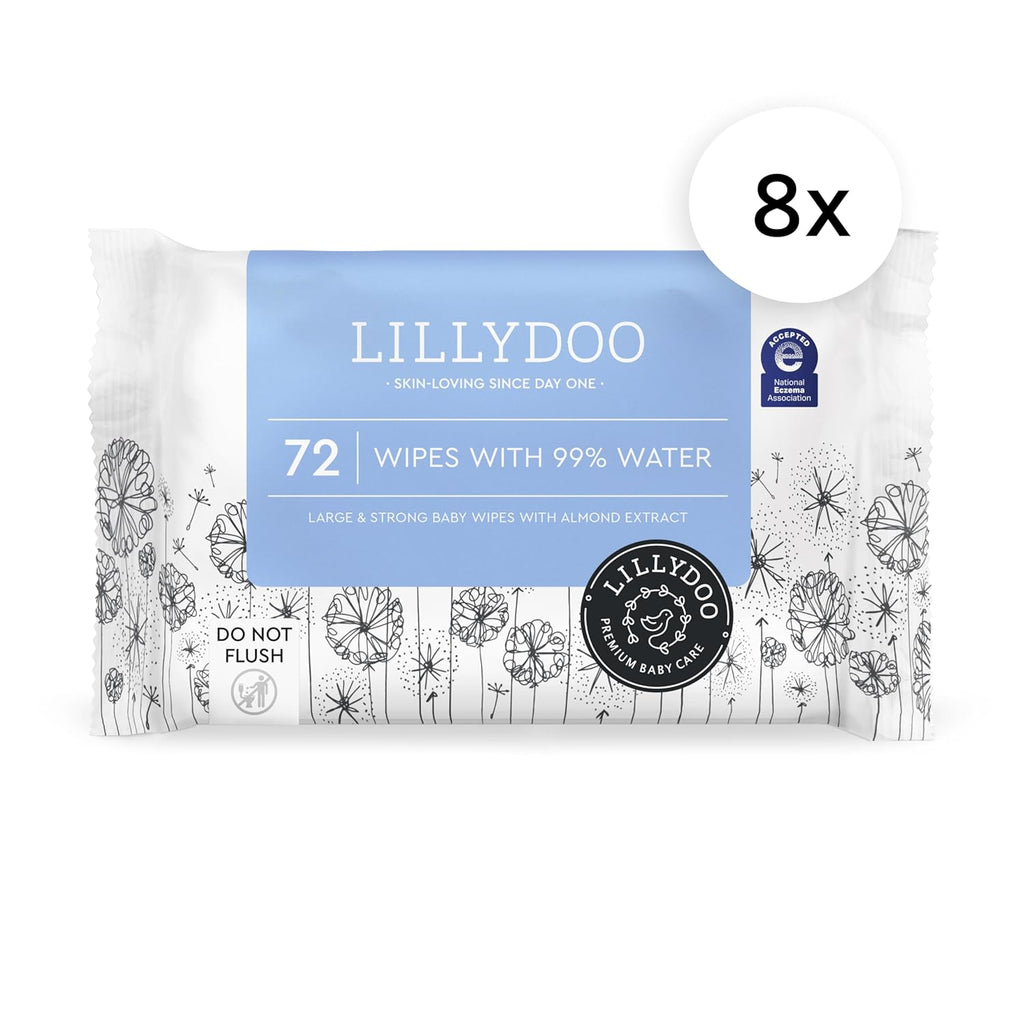 LILLYDOO Baby Wipes with 99% Water – Unscented, Hypoallergenic, Plant-Based, Strong & Plastic-Free, Compostable, 8 resealable Packs x 72 (576 Wipes Total)