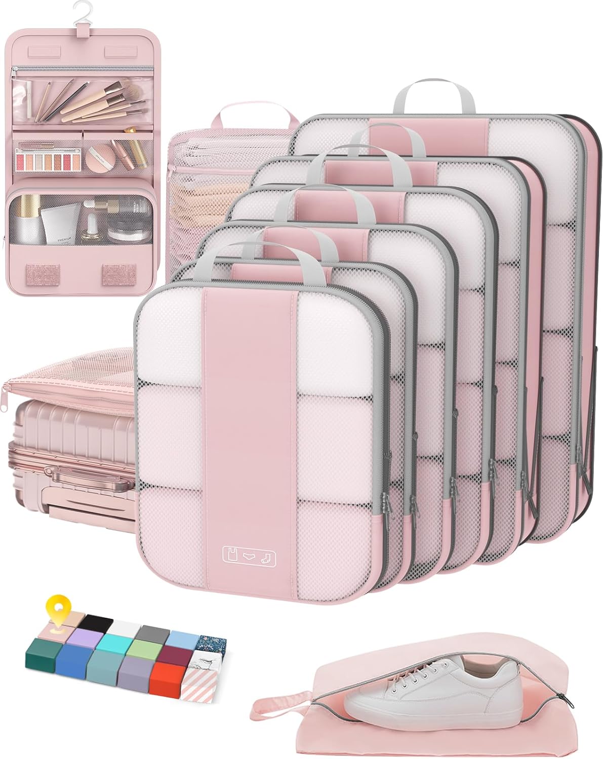 10 Set Compression Packing Cubes for Travel Essentials Women Mom,Compressible Expandable Packing Cubes for Suitcase,OlarHike Luggage Organizer Bags for Travel,Handy Helper for Organizing Clothes(Pink)