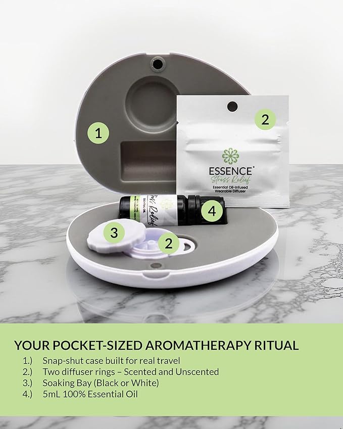 Essence Pearl Travel Case - Wearable Aromatherapy Kit with Nasal Diffuser Rings, Soaking Bay, and 5mL Essential Oil – Portable Wellness Gift Set for On?The?Go Self Care