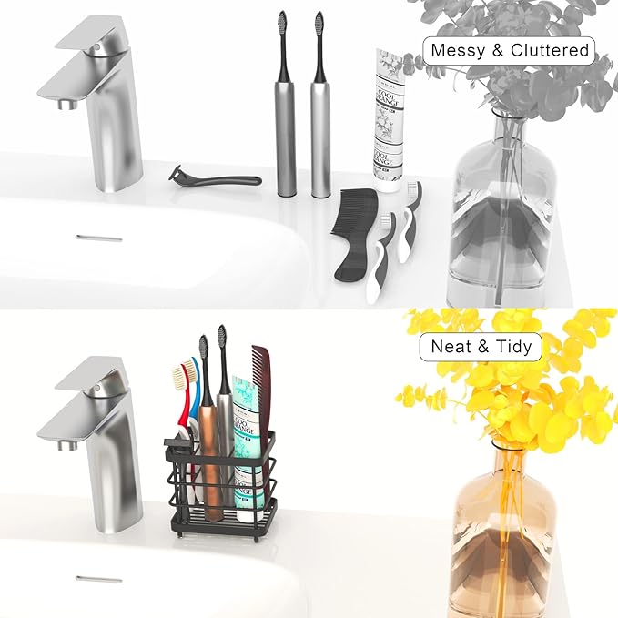 Toothbrush Holder - WHALCHI Stainless Steel Tooth Brush Toothpaste Holder for Bathrooms, Multi-Functional 5 Slots Bathroom Countertop Accessories Organizer, Black