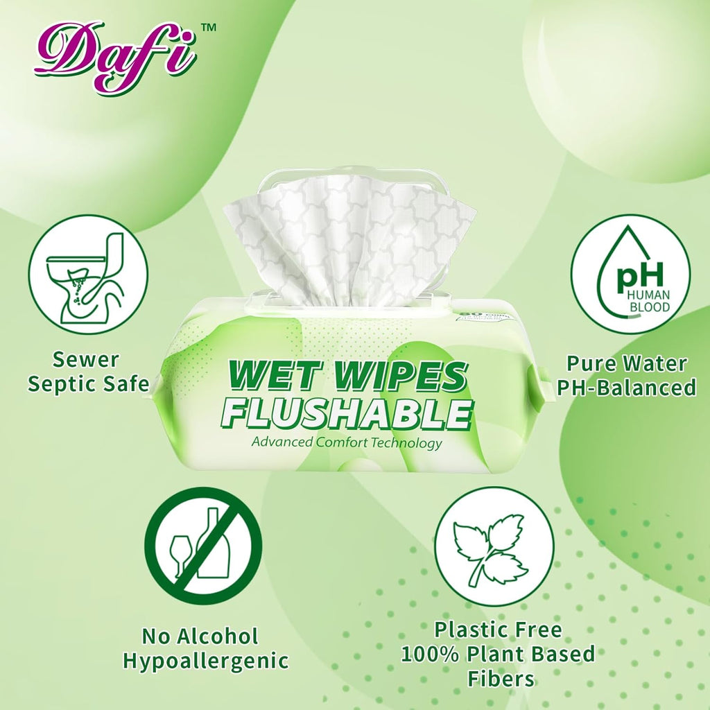 DAFI Flushable Wipes for Adult Wet Wipes, Total 240 Unscented Toilet Wipes Flushable, No Alcohol & 100% Plant Based Fibers, Septic and Sewer Safe Pack of 3