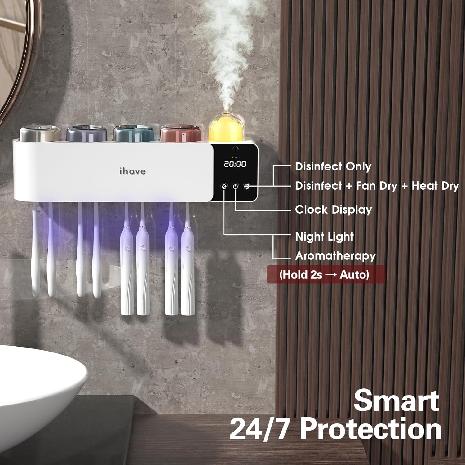 iHave Toothbrush Holders with UV Toothbrush Sanitizer, Aromatherapy Diffuser & IR Night Light - 4-Hour Smart Cruise Disinfection, Auxiliary Combo Drying - Wall-Mounted Bathroom Organizer with 4 Cups