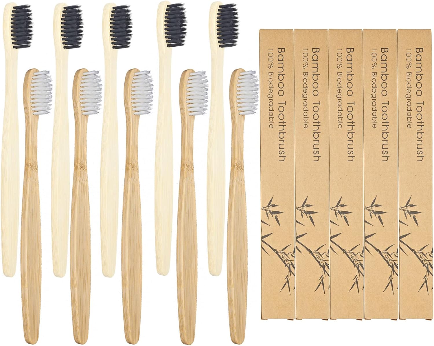 SEVENHEAD 10 PCS Bamboo Toothbrushes Soft Bristles Wooden Toothbrushes for Adult, Natural Biodegradable BPA Free Eco Friendly Toothbrushes Black White