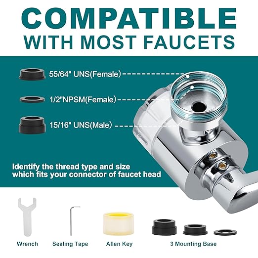 1080º Sink Water Filter Faucet, Splash-proof Sink Faucet Extender with Filter, Reduce 99% Chlorine, 2 Modes Spray Attachment for Home Kitchen & Bathroom, 9PCS Replacement Filter