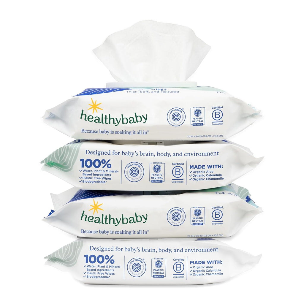 HealthyBaby Our Wet Wipes | EWG Verified Safe | 100% Water & Plant Based | Unscented & Safe for Sensitive Skin | Fragrance Free and Totally Chlorine Free (4 packs, 256 wipes)