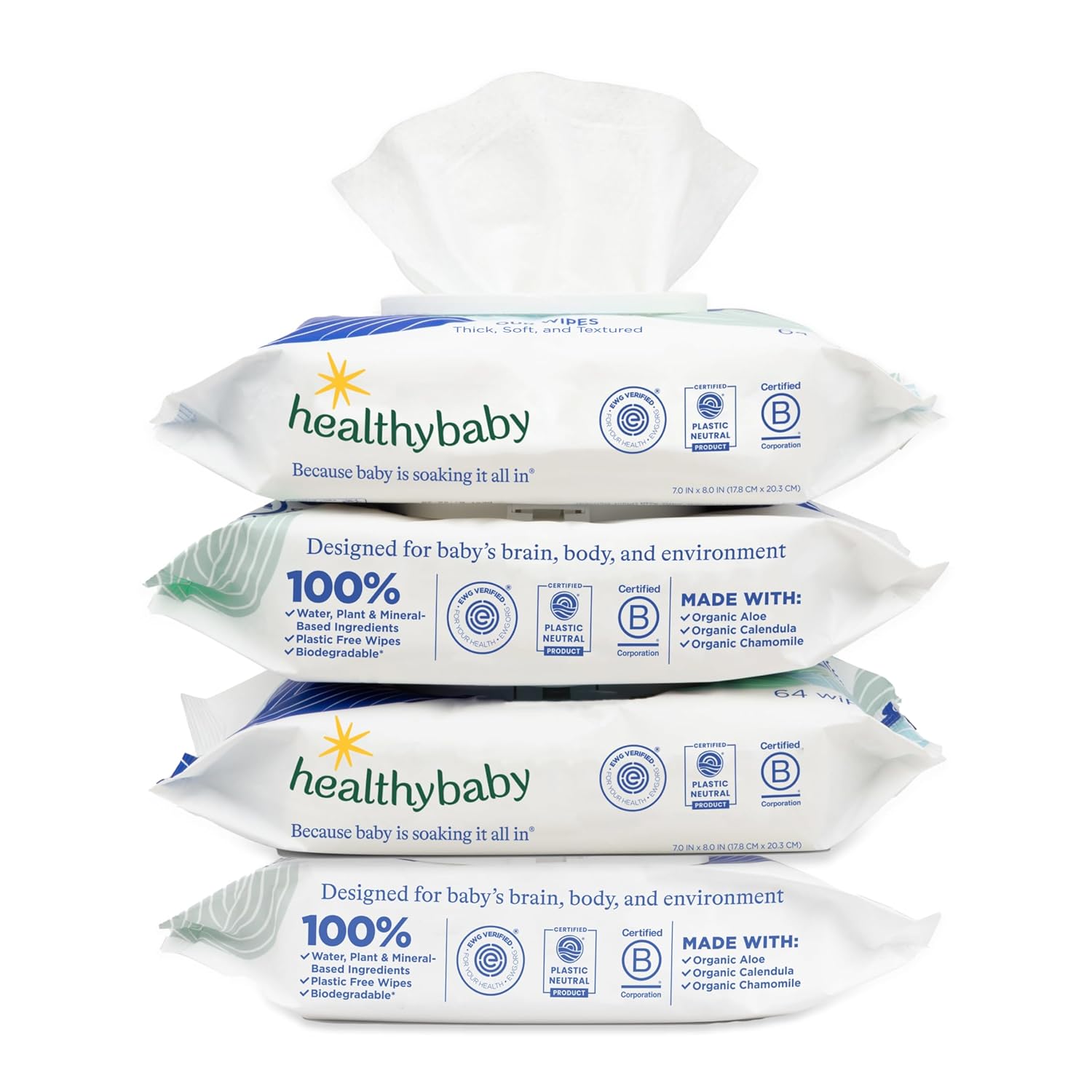 HealthyBaby Our Wet Wipes | EWG Verified Safe | 100% Water & Plant Based | Unscented & Safe for Sensitive Skin | Fragrance Free and Totally Chlorine Free (4 packs, 256 wipes)