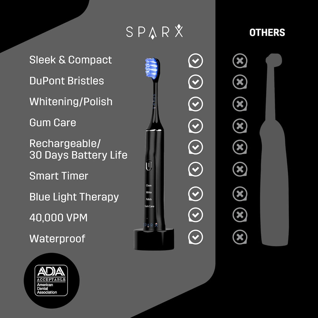 SPARX Electric Toothbrush for Teeth Whitening, Gum Care, & Polishing, Light Therapy Technology for Whiter Teeth & Healthy Gums, Rechargeable, Black
