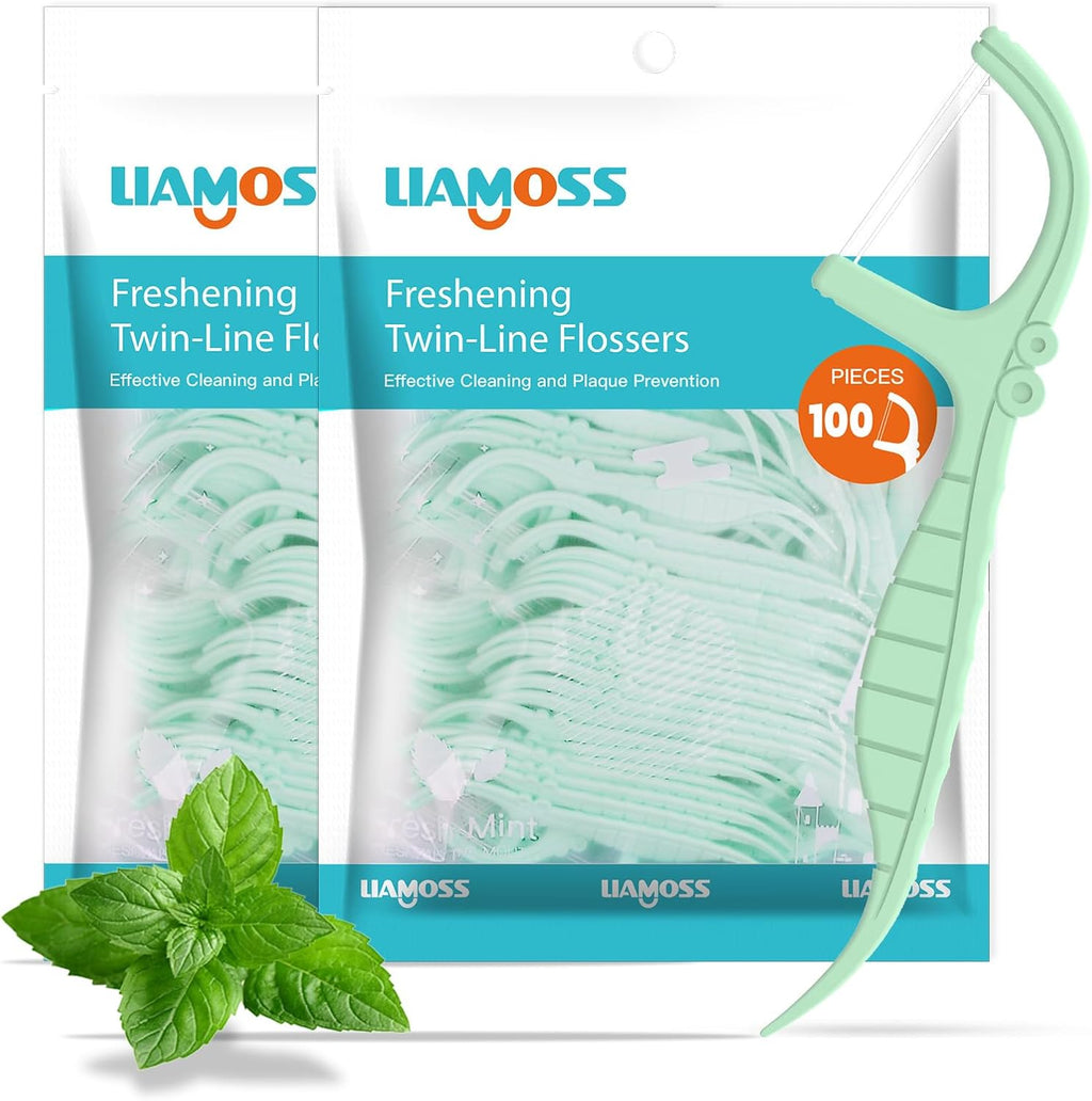 Mint Dental Flossers,200 Count Twin Line Floss Picks,LIAMOSS Professional Clean Travel Floss,Extra Strong Toothpicks Sticks,Dual Action Super Clean Teeth,Fight Tooth Decay(Mint,2Pack)…