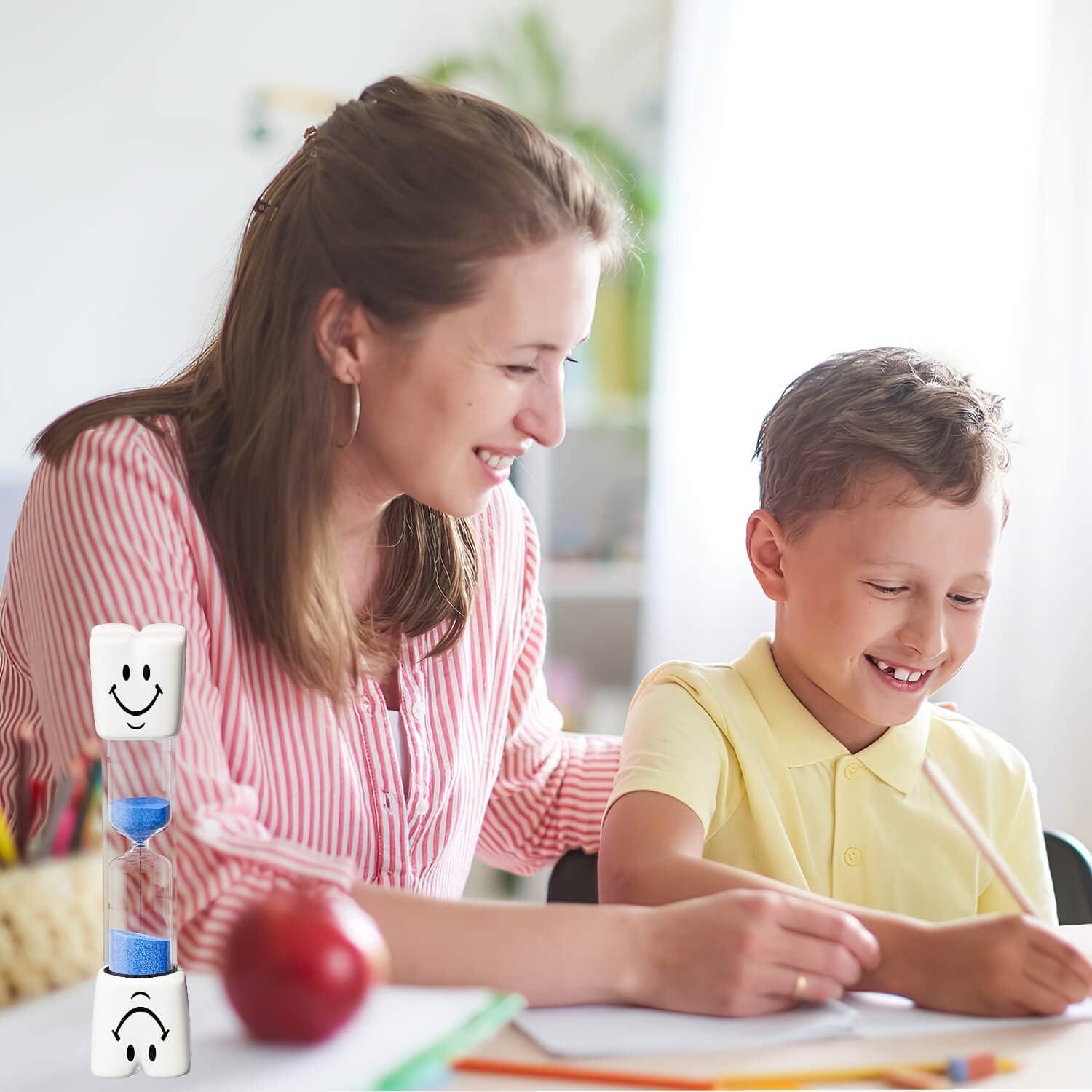2 Minute Toothbrush Sand Timer for Kids, Small Blue and Red Smiley Acrylic Hourglass Sand Clock Set, Plastic Glass Mini Sandglass for Classroom Games Kitchen (Pack of 2)