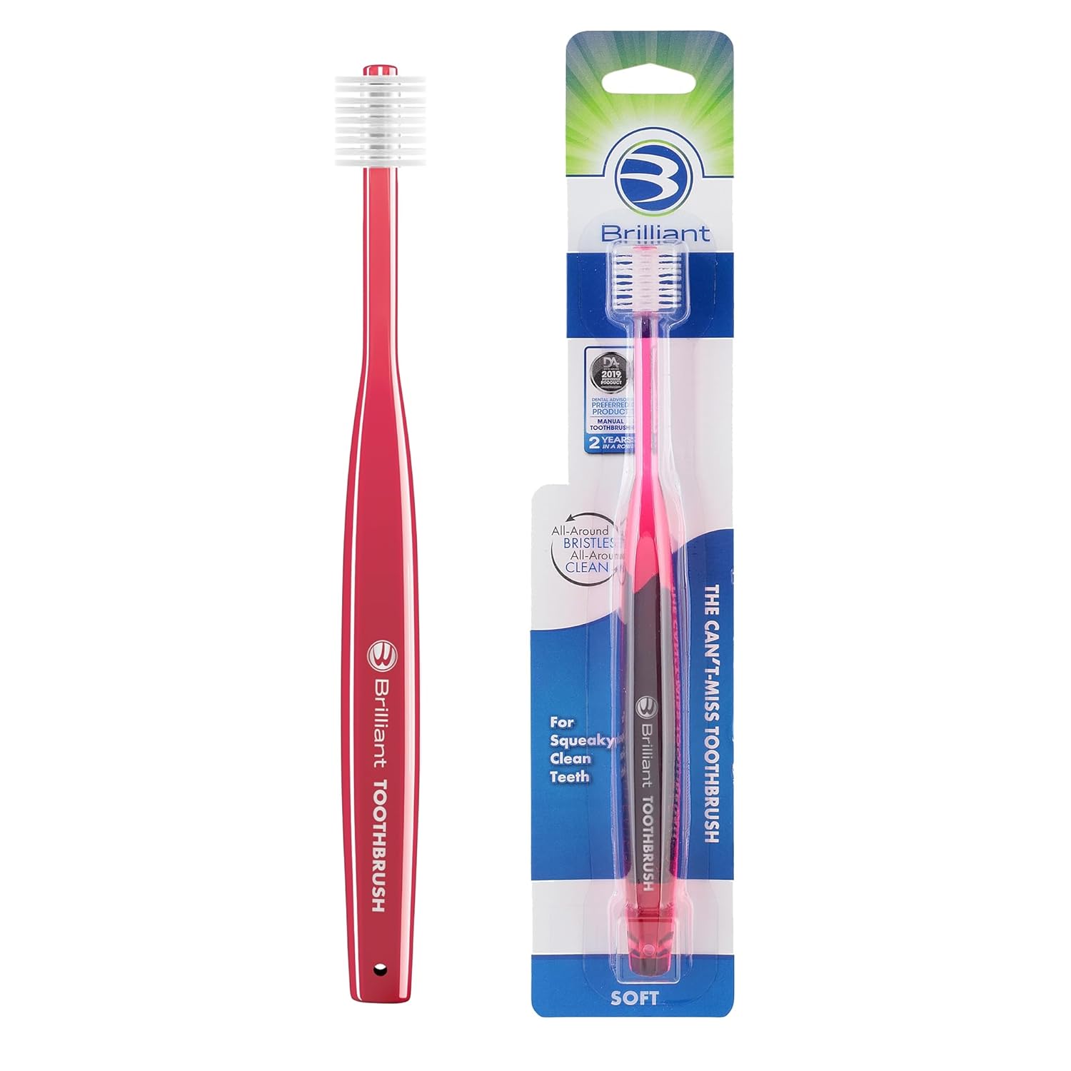 Brilliant Oral Care Adult Toothbrush with Soft Bristles, Round Head, and All-Around Clean for Teeth and Gums, Red, 1 Pack