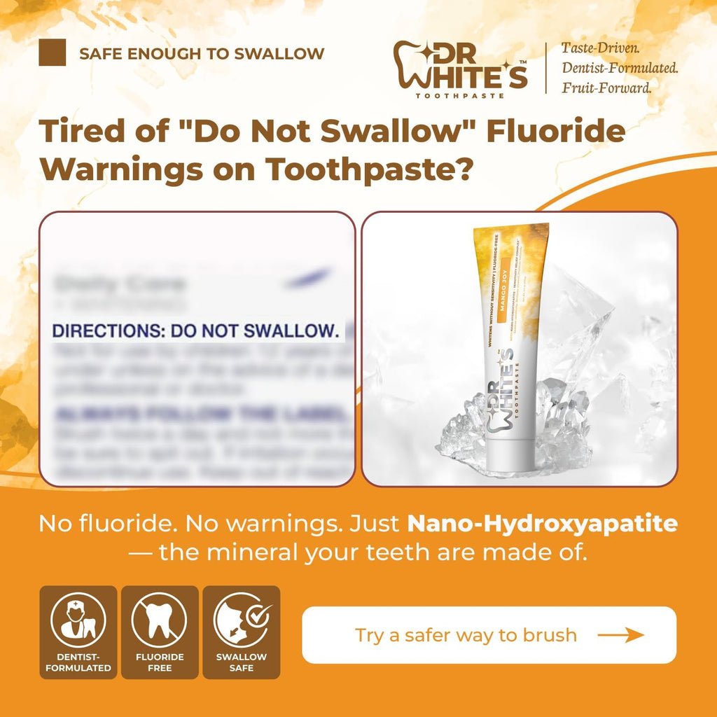 Dr. White’s Fluoride-Free nHA Toothpaste 3-Pack; Dentist-Formulated, Nano Hydroxyapatite + Xylitol, Sensitivity Relief Complex™, Mint-Free, Enamel Safe, Swallow-Safe (3.5 Oz, Mango Joy)