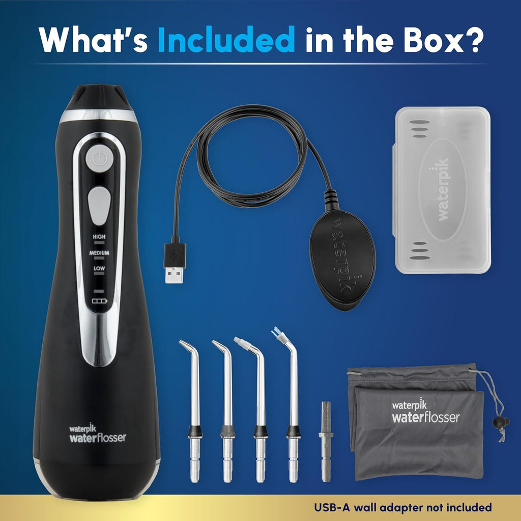 Waterpik Cordless Advanced 2.0 Water Flosser For Teeth, Gums, Braces, Dental Care With Travel Bag and 4 Tips, ADA Accepted, Rechargeable, Portable, and Waterproof, Black WP-582, Packaging May Vary