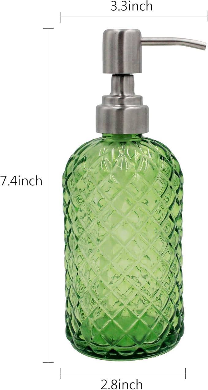 16 oz Diamond Pattern Glass Soap Dispenser, Kitchen and Bathroom Refillable Soap Dispenser with Rust Resistant Stainless Steel Pump for Hand Soap, Lotion Glass Liquid Dispenser(Green-2pack)