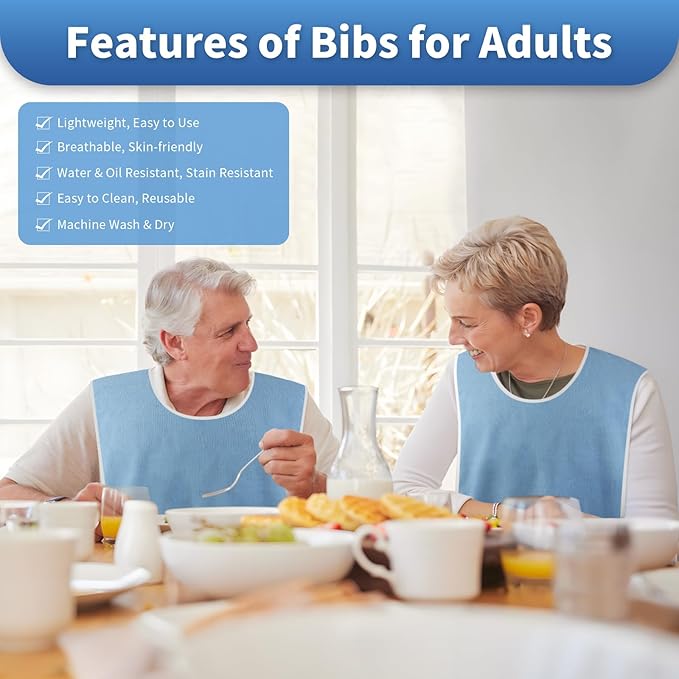 3 Pack Premium Unisex Adult Bibs for Elderly Women Men, Waterproof Bib for Eating, Adjustable and Washable (Blue)