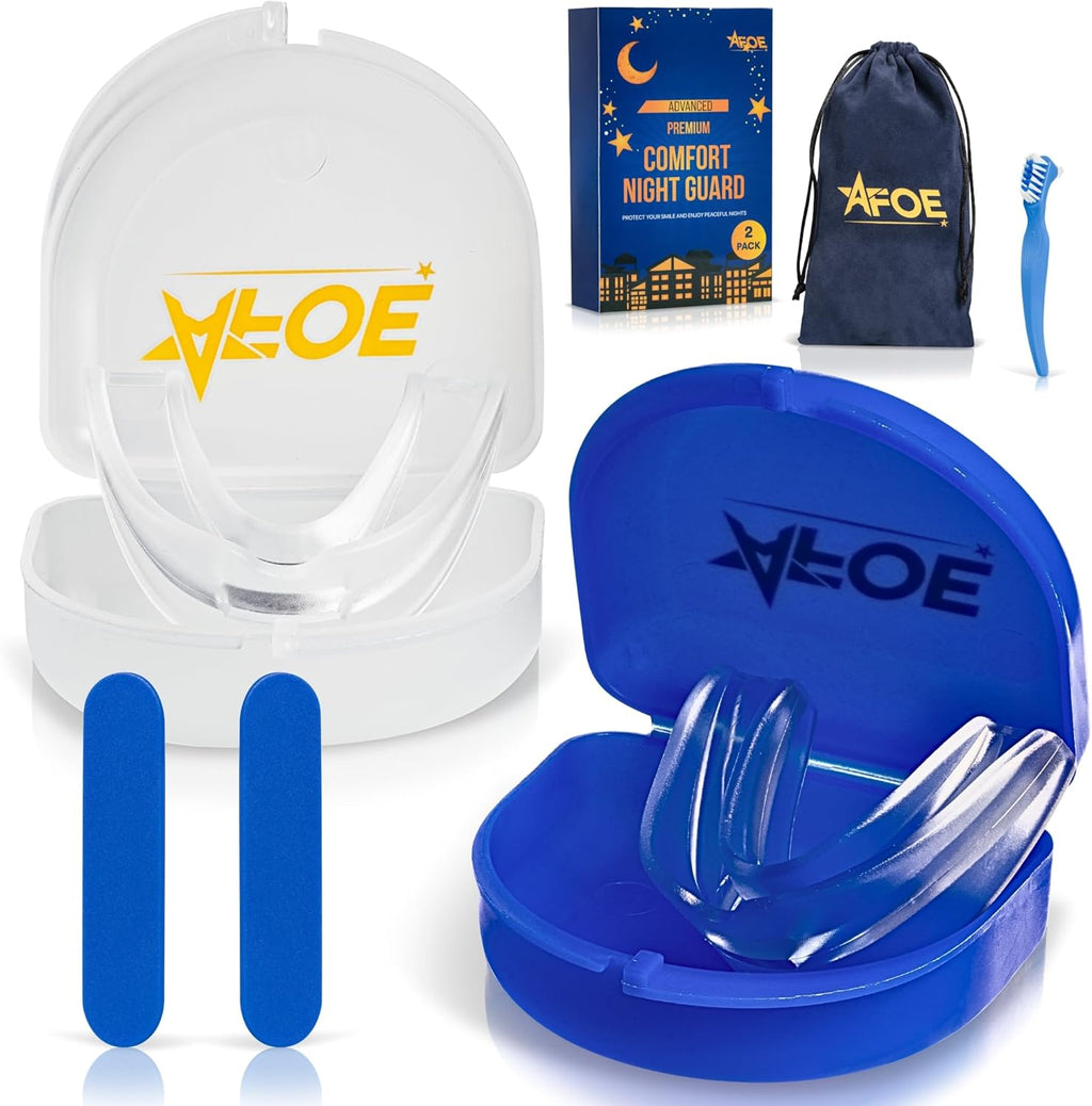 2-Pack Dual-Mold Bruxism Night Guards, Premium Comfort for Teeth Grinding & TMJ Relief (Clear & Blue), BPA & Latex-Free, Custom Dental Guards, Travel Cases & Brush – by AFOE