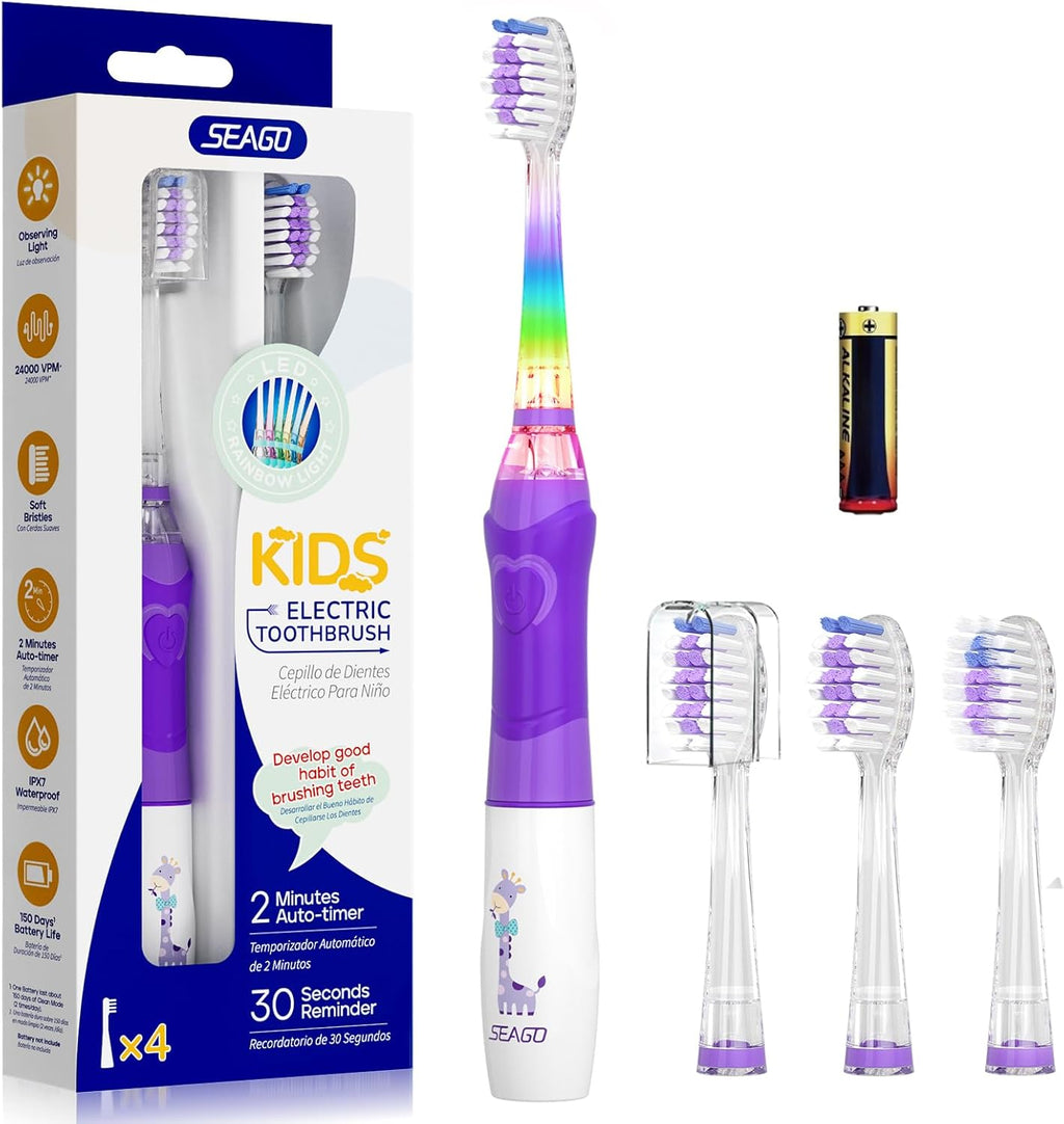 Kids Electric Toothbrush with 2 Minute Timer 30 Seconds Reminder and 4 Replacement Bursh Heads,Color Led Lights,24,000 Vibrations Girls Battery Power Toothbrush for Ages 4-12 Years(Purple)