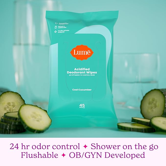 Lume Acidified Deodorant Wipes - 24 Hour Odor Control - Aluminum Free, Baking Soda Free, Skin Loving - 45 Count (Pack of 3) (Cool Cucumber)