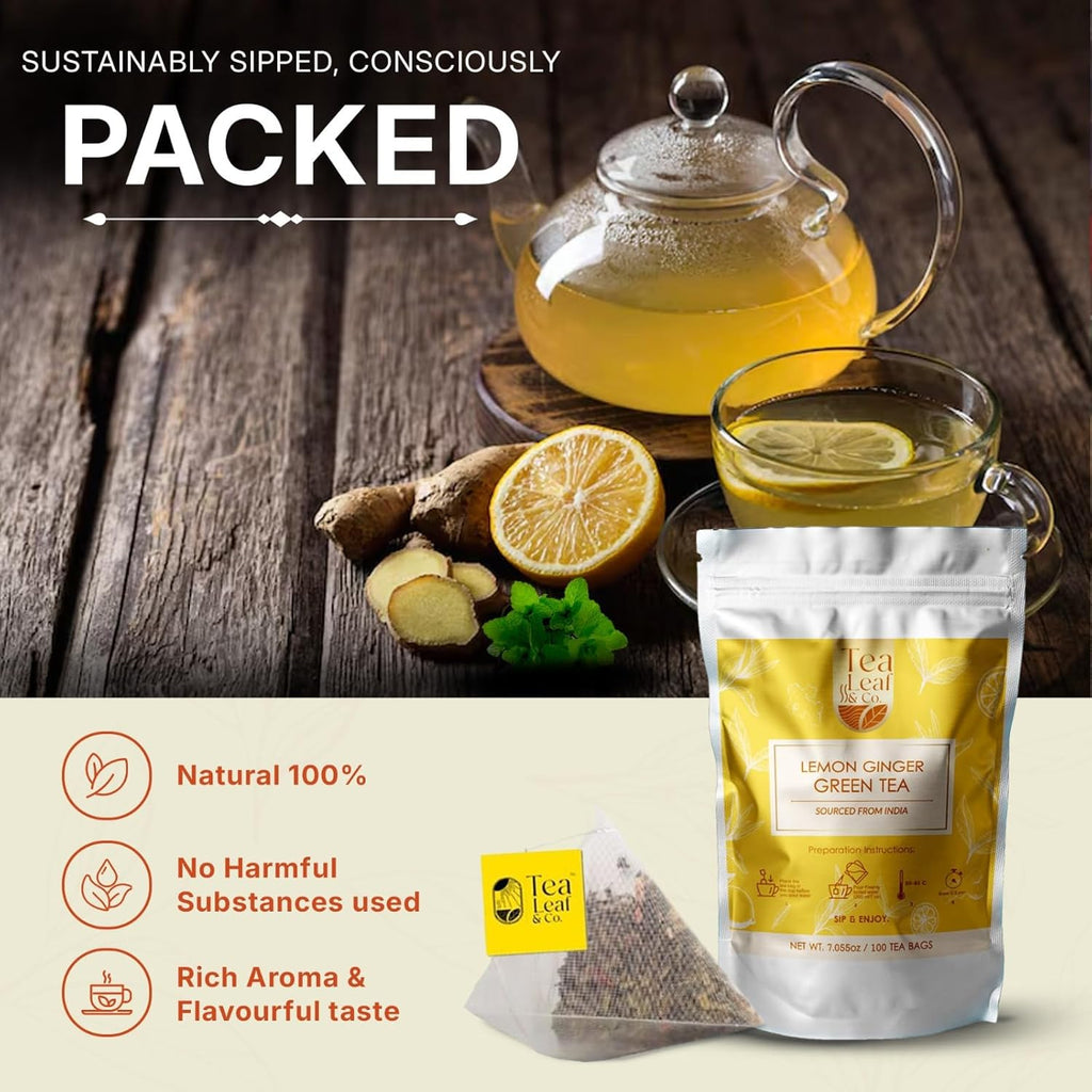 Tealeaf & Co. Lemon Ginger Green Tea with Ginger, Lemon Flavor, Orange Peel, Mint & Black Pepper - Organic Green Tea Bags with Fresh Herbs and Spices - Vegan - 100 Teabags (7.055oz/200gm)