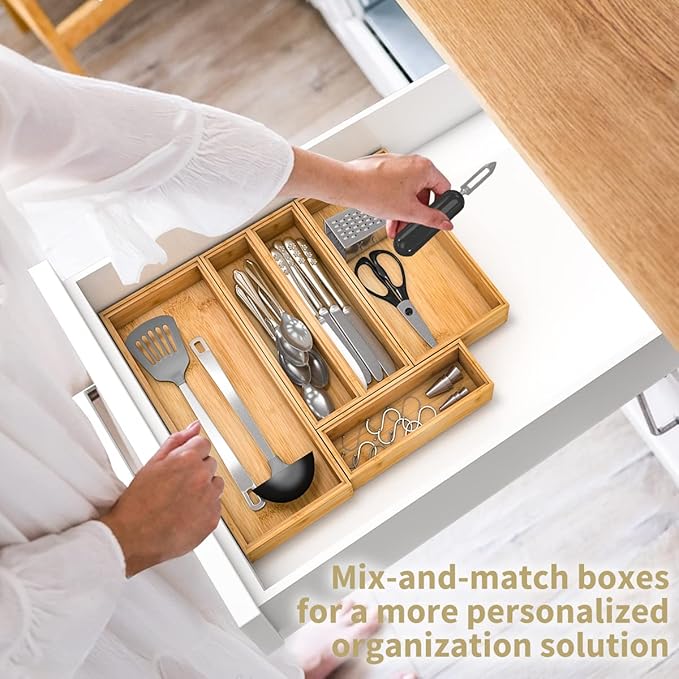 Bamboo Kitchen Drawer Organizer, Stackable Silverware Tray Utensil Organizer Cutlery Holder for Kitchen,Wooden Storage Box for Bathroom, Multi-Use Storage Bins Dividers for Office(12x3x2.5 inch）