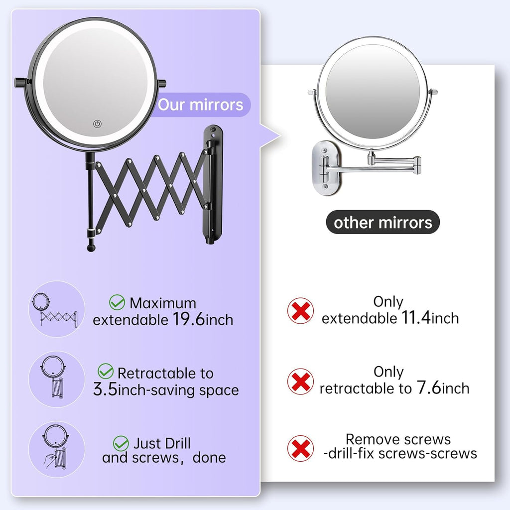 Rechargeable Wall Mounted Makeup Mirror - 8 Inch Double Sided 1X/10X Magnifying Mirror with 3 Color Lights Dimmable Touch Screen, 360°Swivel 19.6 Inch Extendable Accordion Bathroom Mirror - Black