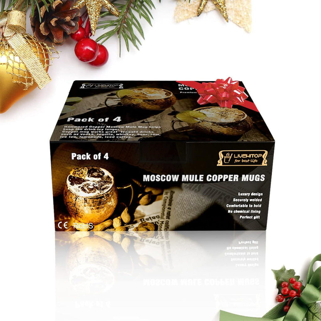 Moscow Mule Copper Mugs Set of 4, Copper Cups with Straws, Jigger, Coasters, Straw Brush for Party, Bar, Stainless Steel Lining, 19.5oz Gifts Set