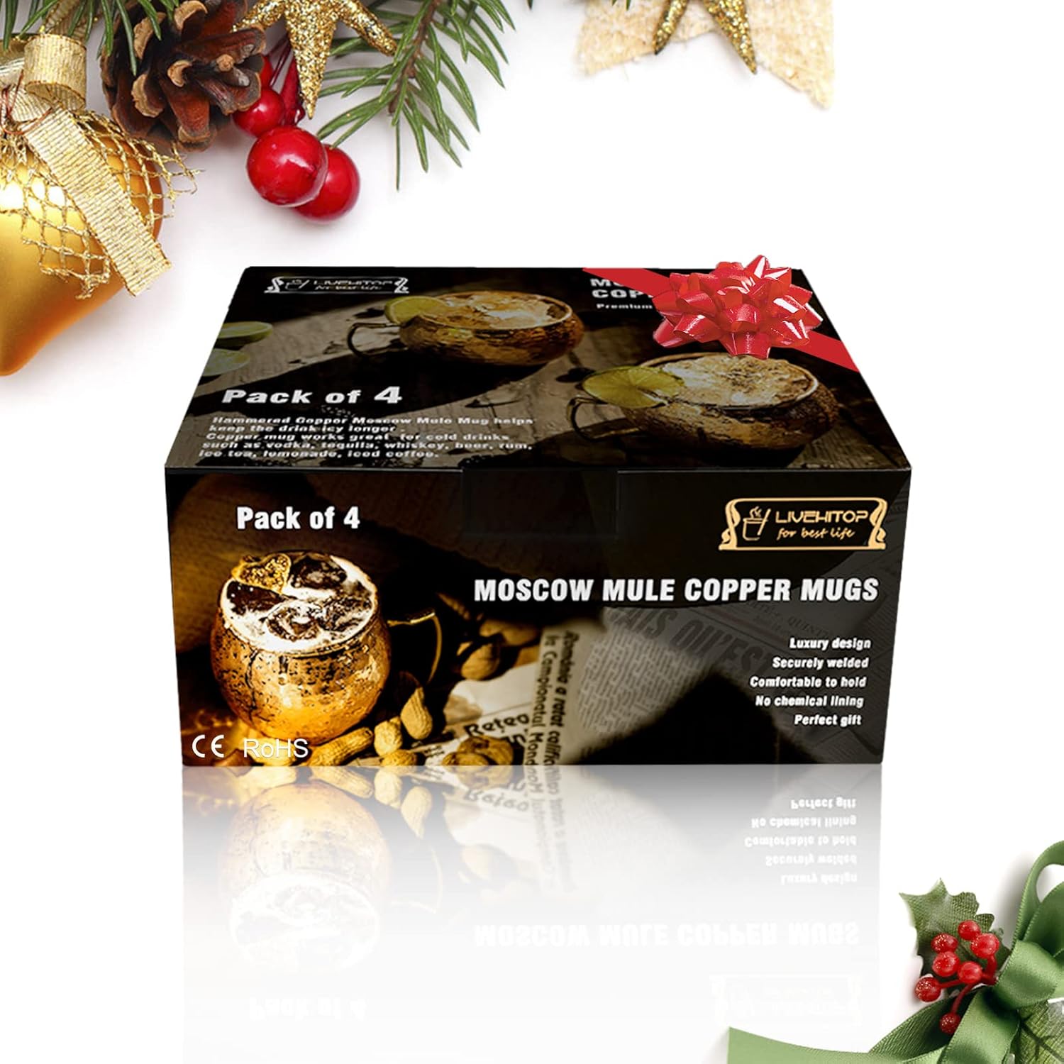 Moscow Mule Copper Mugs Set of 4, Copper Cups with Straws, Jigger, Coasters, Straw Brush for Party, Bar, Stainless Steel Lining, 19.5oz Gifts Set